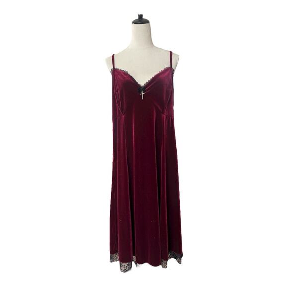 Cosmic Aura Slip Dress Womens 1X Burgundy Velvet Adjustable Straps Lace Hem Goth - Picture 3 of 12